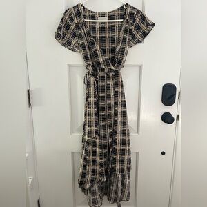 Urban Outfitters Daphne Wrap Dress Black and Cream Plaid High Low Dress